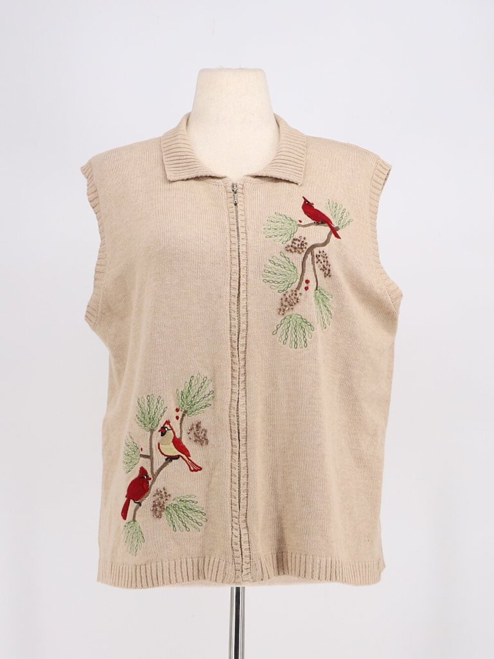 NWT Southern Lady Cardinal Embroidered Knit Zip Front Sweater Vest Beige Size 1X